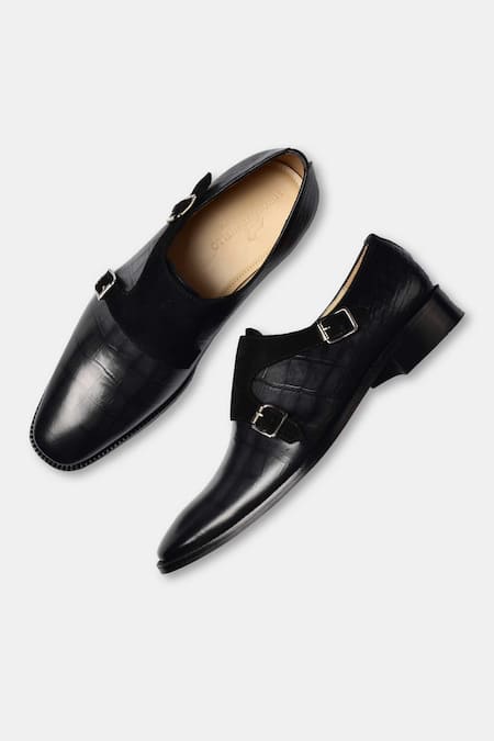 Luxoro Formello Black Hand Painted Double Monk Strap Shoes 