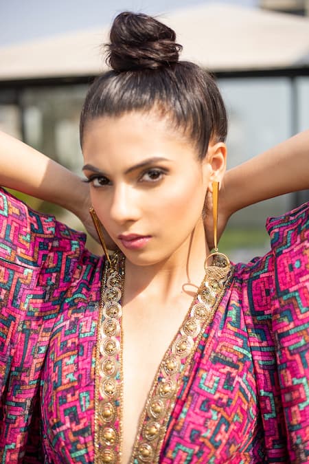 Shop_Mehak Murpana_Pink Crepe Zigzag V Neck Printed Kaftan Jumpsuit _Online_at_Aza_Fashions