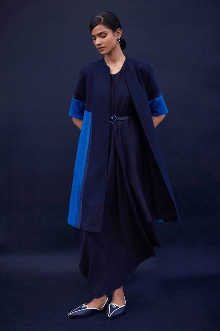 Ampm_Blue Pereina Wool Color Block Jacket_Online_at_Aza_Fashions