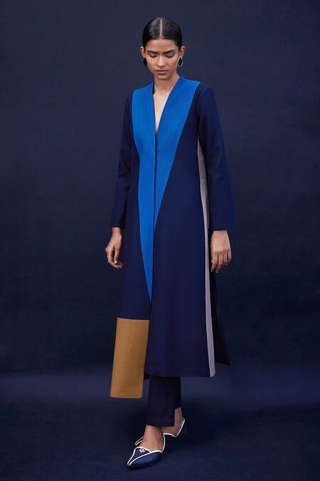 Ampm Blue Wool 140gm Cord Work Notched Lapel Collar Afiyah Color Block Jacket