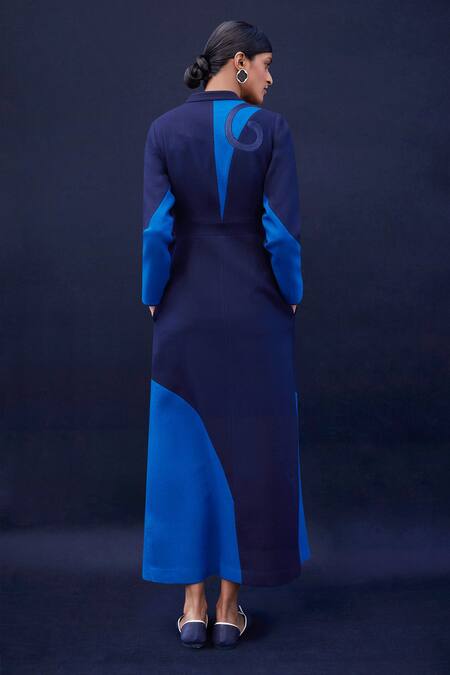 Shop_AMPM_Blue Wool 140gm Embroidered Cord Work Mandarin Collar Ambar Colorblock Jacket _at_Aza_Fashions