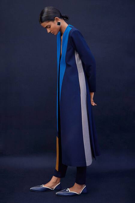 Ampm_Blue Wool 140gm Cord Work Notched Lapel Collar Afiyah Color Block Jacket_Online_at_Aza_Fashions