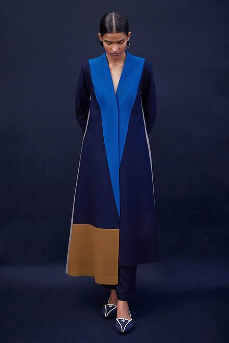 Buy_Ampm_Blue Wool 140gm Cord Work Notched Lapel Collar Afiyah Color Block Jacket_Online_at_Aza_Fashions
