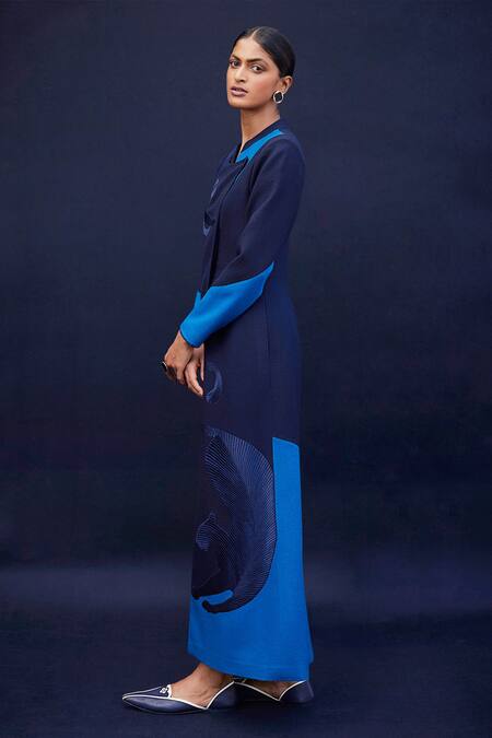 AMPM_Blue Wool 140gm Embroidered Cord Work Mandarin Collar Ambar Colorblock Jacket _Online_at_Aza_Fashions