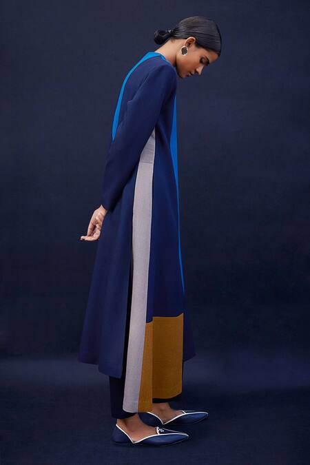 Shop_Ampm_Blue Wool 140gm Cord Work Notched Lapel Collar Afiyah Color Block Jacket_Online_at_Aza_Fashions