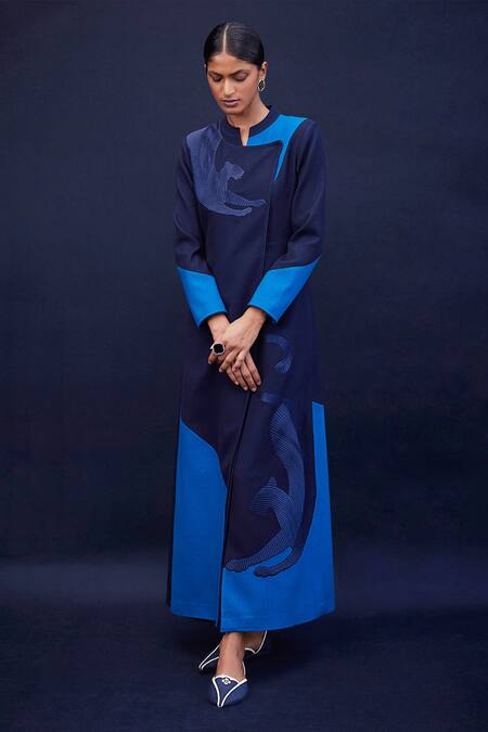 Buy_AMPM_Blue Wool 140gm Embroidered Cord Work Mandarin Collar Ambar Colorblock Jacket _Online_at_Aza_Fashions