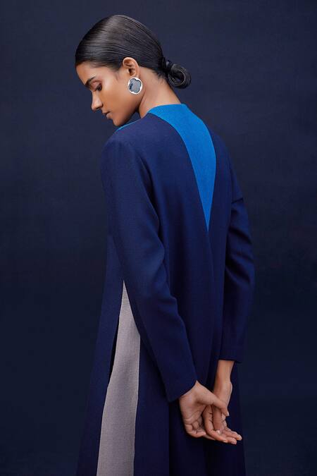 Ampm_Blue Wool 140gm Cord Work Notched Lapel Collar Afiyah Color Block Jacket_at_Aza_Fashions