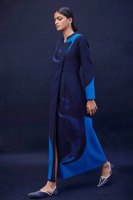 Shop_AMPM_Blue Wool 140gm Embroidered Cord Work Mandarin Collar Ambar Colorblock Jacket _Online_at_Aza_Fashions
