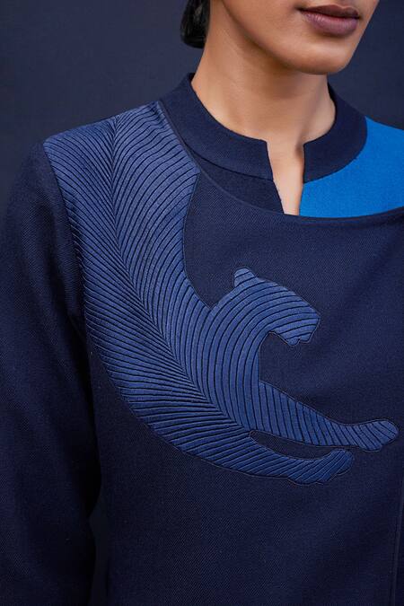AMPM_Blue Wool 140gm Embroidered Cord Work Mandarin Collar Ambar Colorblock Jacket _at_Aza_Fashions