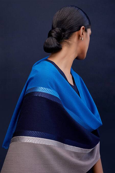 Ampm_Blue Embroidery Zina Wool Color Block Scarf_Online_at_Aza_Fashions