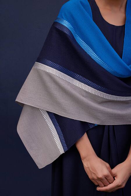 Buy_Ampm_Blue Embroidery Zina Wool Color Block Scarf_Online_at_Aza_Fashions