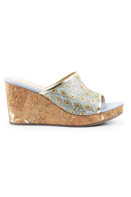 Vanilla Moon_Blue Embroidery Naya Brocade Motif Wedges_Online_at_Aza_Fashions