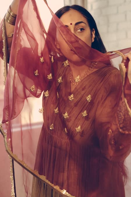 Sarang Kaur_Maroon Organza Embroidery Sequin Stole _Online_at_Aza_Fashions
