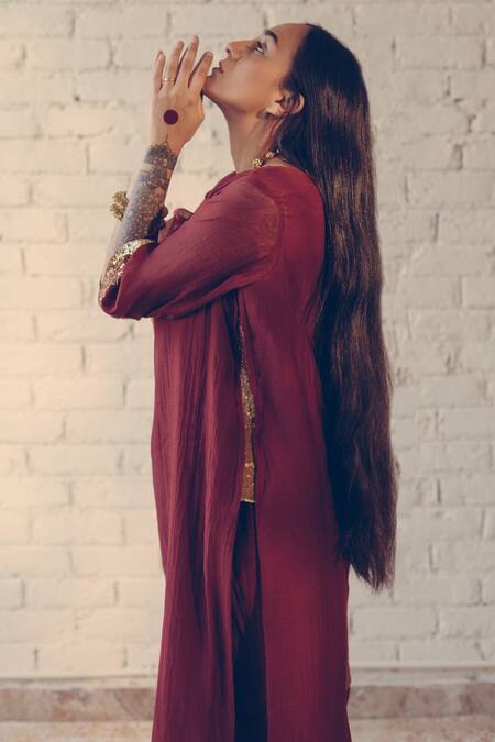 Sarang Kaur_Maroon Chanderi Silk Sequins, Beads Split V-neck Curved Hem Kurta And Pant Set _Online_at_Aza_Fashions