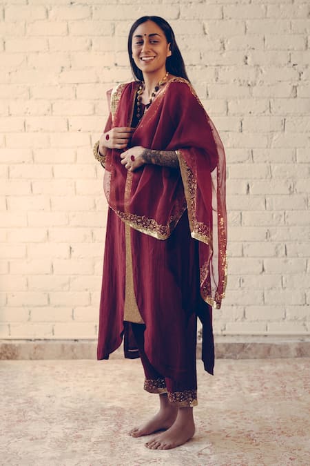 Shop_Sarang Kaur_Maroon Organza Sequins, Beads Embellished Border Stole _Online_at_Aza_Fashions