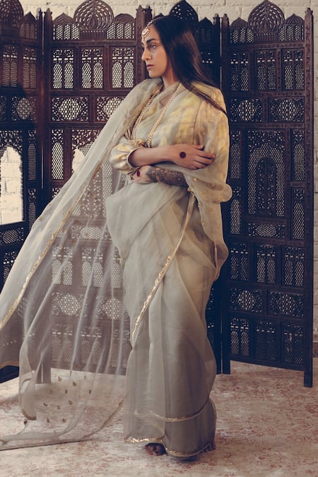 Buy_Sarang Kaur_Grey Organza, Silk Sequins, Crystals Hand Embroidered Butti Saree _Online_at_Aza_Fashions
