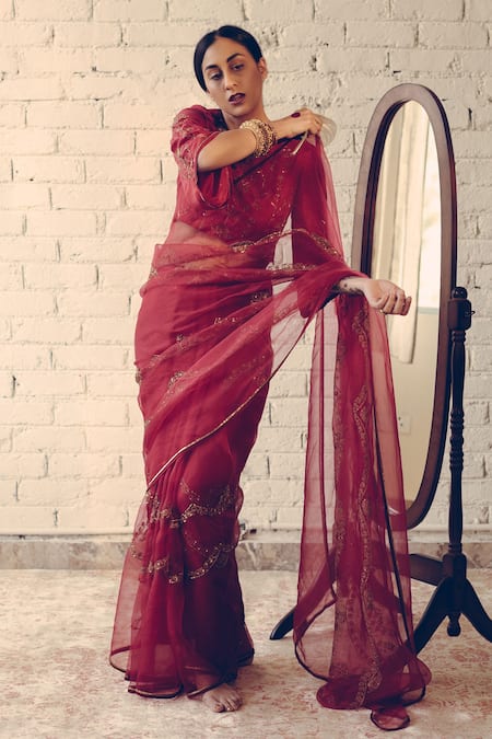 Shop Sarang Kaur Red Organza, Silk Sequins, Beads Hand Embroidered Scallop Saree Online at Aza Fashions Shop_Sarang Kaur_Red Organza, Silk Sequins, Beads Hand Embroidered Scallop Saree _Online_at_Aza_Fashions