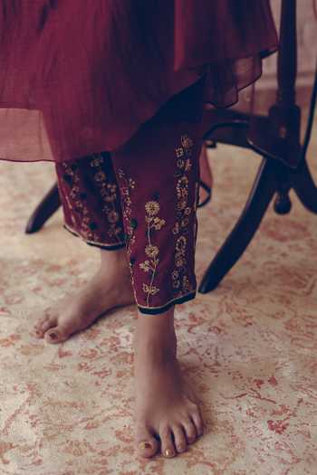Buy Sarang Kaur Maroon Chanderi Silk Sequins, Beads Embroidered Side Gathered Kurta With Pant Online at Aza Fashions Buy_Sarang Kaur_Maroon Chanderi Silk Sequins, Beads Embroidered Side Gathered Kurta With Pant _Online_at_Aza_Fashions
