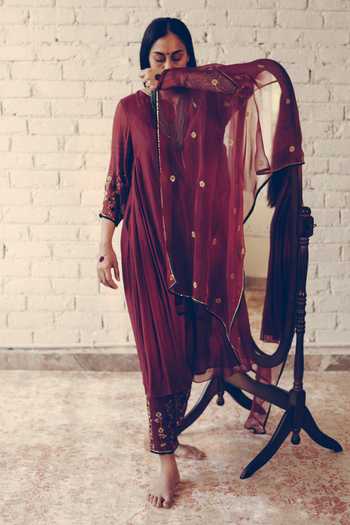 Shop Sarang Kaur Maroon Chanderi Silk Sequins, Beads Embroidered Side Gathered Kurta With Pant Online at Aza Fashions Shop_Sarang Kaur_Maroon Chanderi Silk Sequins, Beads Embroidered Side Gathered Kurta With Pant _Online_at_Aza_Fashions