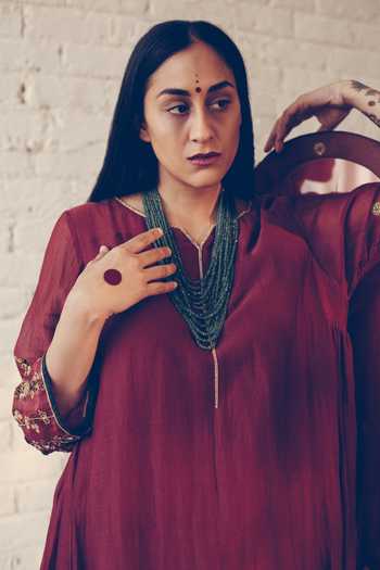 Sarang Kaur Maroon Chanderi Silk Sequins, Beads Embroidered Side Gathered Kurta With Pant at Aza Fashions Sarang Kaur_Maroon Chanderi Silk Sequins, Beads Embroidered Side Gathered Kurta With Pant _at_Aza_Fashions