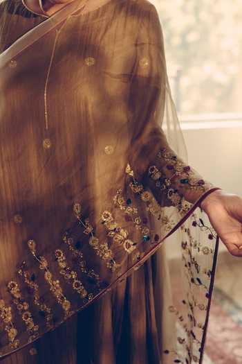 Sarang Kaur_Green Organza Embroidered Sequin Vine Stole _at_Aza_Fashions