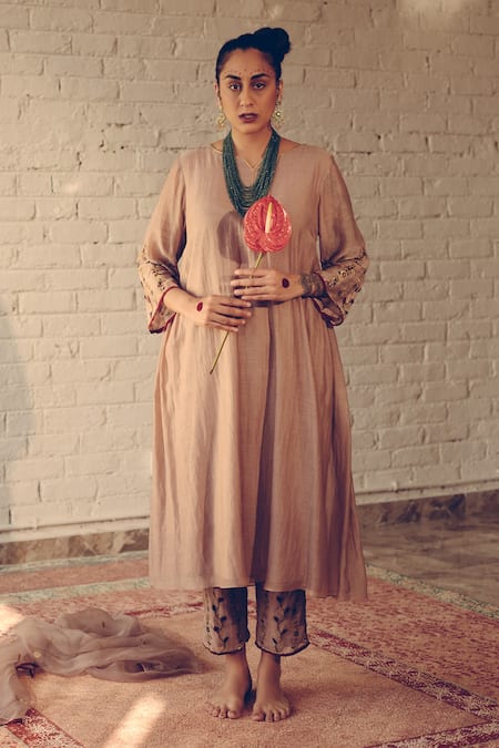 Sarang Kaur_Grey , Silk Sequins, Beads Floral Bel Hem Kurta And Pant Set _Online_at_Aza_Fashions