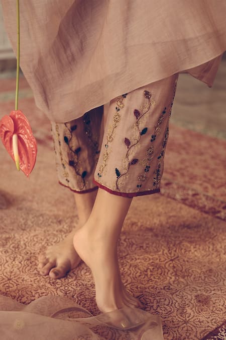 Shop_Sarang Kaur_Grey , Silk Sequins, Beads Floral Bel Hem Kurta And Pant Set _Online_at_Aza_Fashions