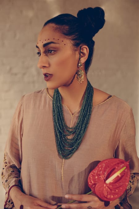 Sarang Kaur_Grey , Silk Sequins, Beads Floral Bel Hem Kurta And Pant Set _at_Aza_Fashions