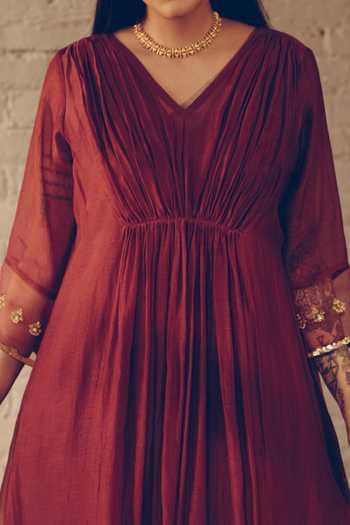 Buy Sarang Kaur Maroon Chanderi Silk Sequins, Beads V-neck Ruched Bodice Kaftan And Pant Set Online at Aza Fashions Buy_Sarang Kaur_Maroon Chanderi Silk Sequins, Beads V-neck Ruched Bodice Kaftan And Pant Set _Online_at_Aza_Fashions