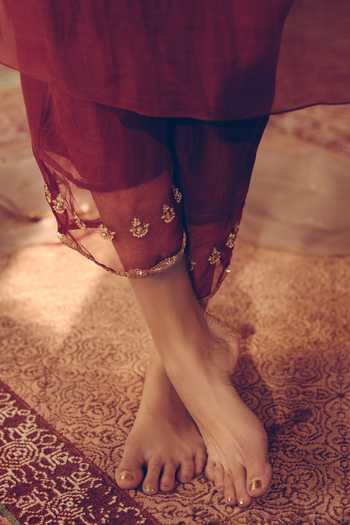 Shop Sarang Kaur Maroon Chanderi Silk Sequins, Beads V-neck Ruched Bodice Kaftan And Pant Set Online at Aza Fashions Shop_Sarang Kaur_Maroon Chanderi Silk Sequins, Beads V-neck Ruched Bodice Kaftan And Pant Set _Online_at_Aza_Fashions