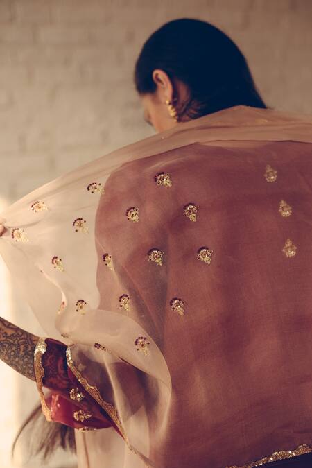 Sarang Kaur_Grey Organza Embroidered Placed Floral Butti Stole _at_Aza_Fashions