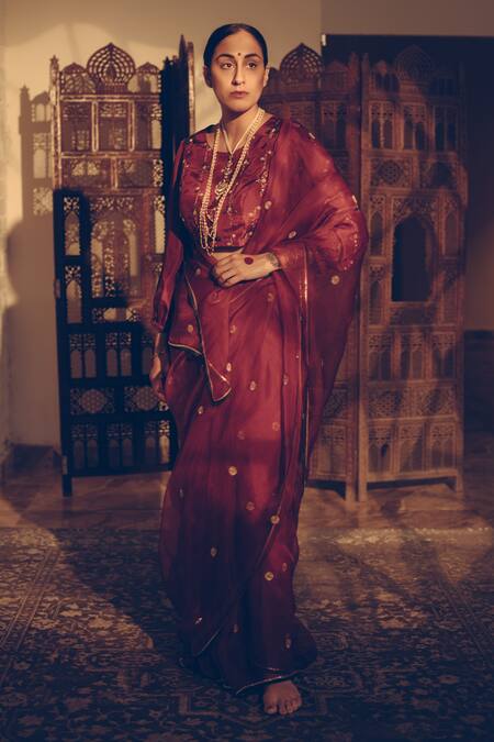 Sarang Kaur Maroon Organza, Silk Sequins, Beads Crystal Butti Hand Embroidered Saree Online at Aza Fashions Sarang Kaur_Maroon Organza, Silk Sequins, Beads Crystal Butti Hand Embroidered Saree _Online_at_Aza_Fashions