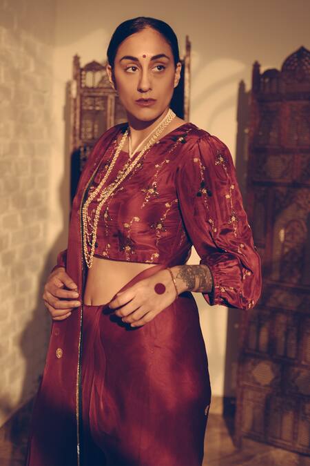 Buy Sarang Kaur Maroon Organza, Silk Sequins, Beads Crystal Butti Hand Embroidered Saree Online at Aza Fashions Buy_Sarang Kaur_Maroon Organza, Silk Sequins, Beads Crystal Butti Hand Embroidered Saree _Online_at_Aza_Fashions