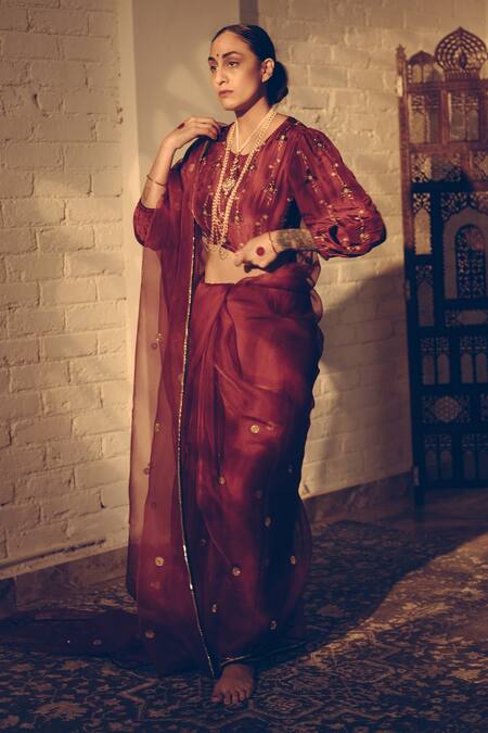 Shop Sarang Kaur Maroon Organza, Silk Sequins, Beads Crystal Butti Hand Embroidered Saree Online at Aza Fashions Shop_Sarang Kaur_Maroon Organza, Silk Sequins, Beads Crystal Butti Hand Embroidered Saree _Online_at_Aza_Fashions