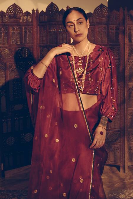 Sarang Kaur Maroon Organza, Silk Sequins, Beads Crystal Butti Hand Embroidered Saree at Aza Fashions Sarang Kaur_Maroon Organza, Silk Sequins, Beads Crystal Butti Hand Embroidered Saree _at_Aza_Fashions