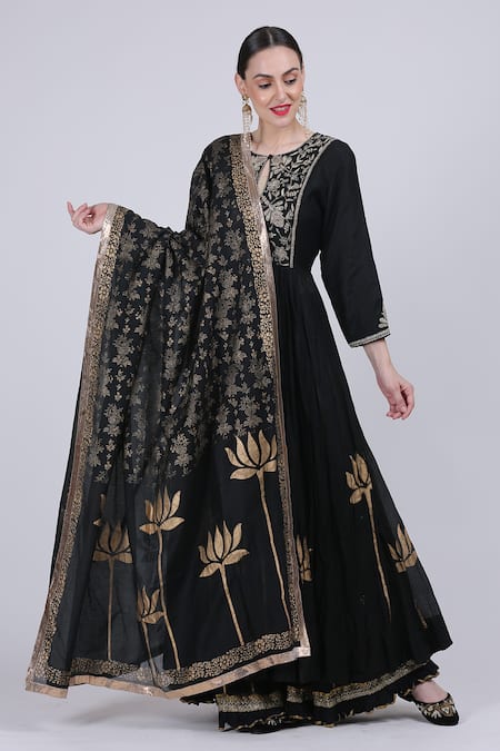 Nazar By Indu Black Cotton Silk Foil Print Anarkali Set