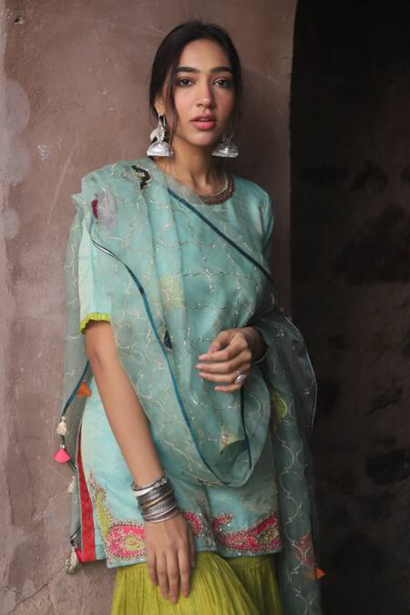 Rajiramniq_Blue Kurta Handwoven Silk Chanderi Gharara Set _Online_at_Aza_Fashions