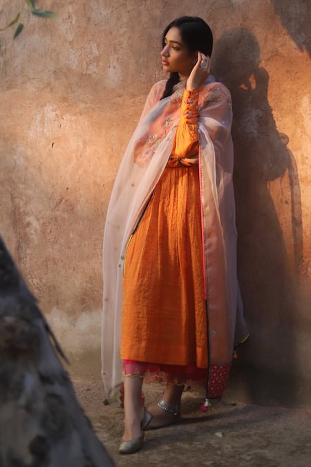 Rajiramniq_Orange Kurta Handwoven Tissue Chanderi Pant Modal Satin Dupatta Organza Set _Online_at_Aza_Fashions