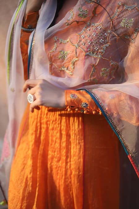 Shop_Rajiramniq_Orange Kurta Handwoven Tissue Chanderi Pant Modal Satin Dupatta Organza Set _Online_at_Aza_Fashions