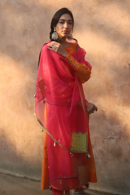 Rajiramniq_Orange Kurta Handwoven Tissue Chanderi Pant Modal Satin Dupatta Organza Set _Online_at_Aza_Fashions