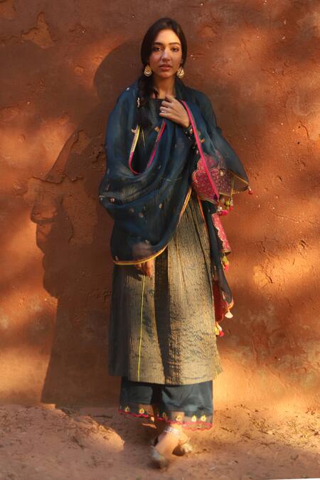 Rajiramniq_Blue Kurta Handwoven Tissue Chanderi Pant Modal Satin Dupatta Organza Set _at_Aza_Fashions