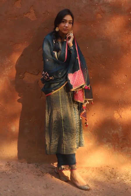 Shop_Rajiramniq_Blue Kurta Handwoven Tissue Chanderi Pant Modal Satin Dupatta Organza Set _at_Aza_Fashions