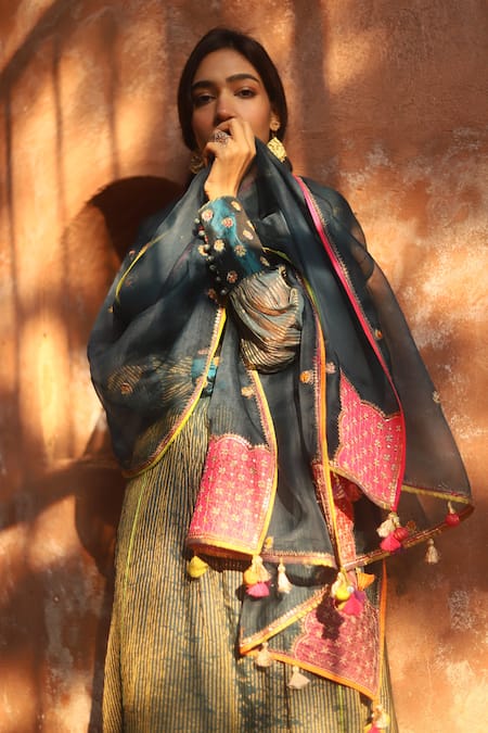 Shop_Rajiramniq_Blue Kurta Handwoven Tissue Chanderi Pant Modal Satin Dupatta Organza Set _Online_at_Aza_Fashions