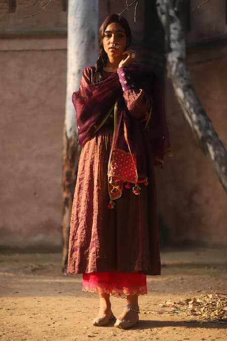 Shop_Rajiramniq_Purple Kurta Handwoven Tissue Chanderi Pant Modal Satin Dupatta Organza Set _at_Aza_Fashions