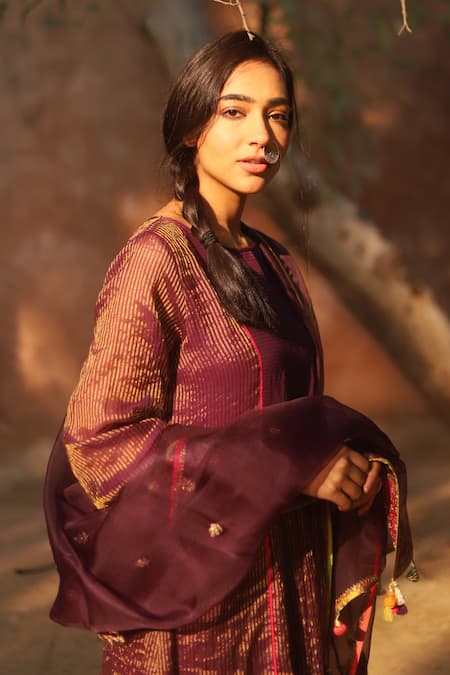 Rajiramniq_Purple Kurta Handwoven Tissue Chanderi Pant Modal Satin Dupatta Organza Set _Online_at_Aza_Fashions