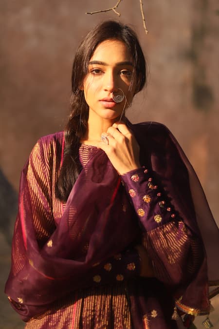 Buy_Rajiramniq_Purple Kurta Handwoven Tissue Chanderi Pant Modal Satin Dupatta Organza Set _Online_at_Aza_Fashions