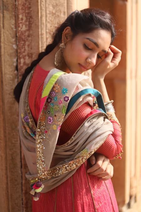 Rajiramniq_Red Kurta Tissue Chanderi Pant  Dupatta Set _Online_at_Aza_Fashions