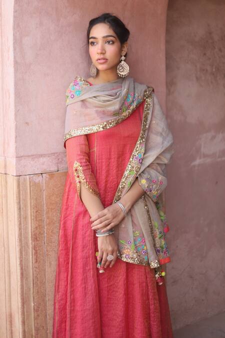 Buy_Rajiramniq_Red Kurta Tissue Chanderi Pant  Dupatta Set _Online_at_Aza_Fashions