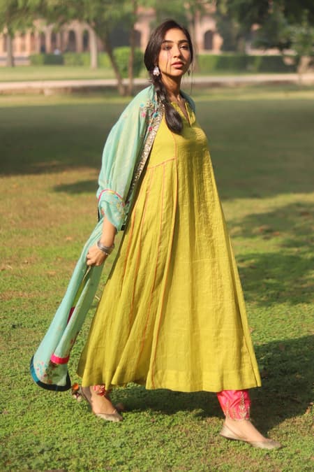 Rajiramniq Green Kurta Tissue Chanderi Pant  Dupatta Set 