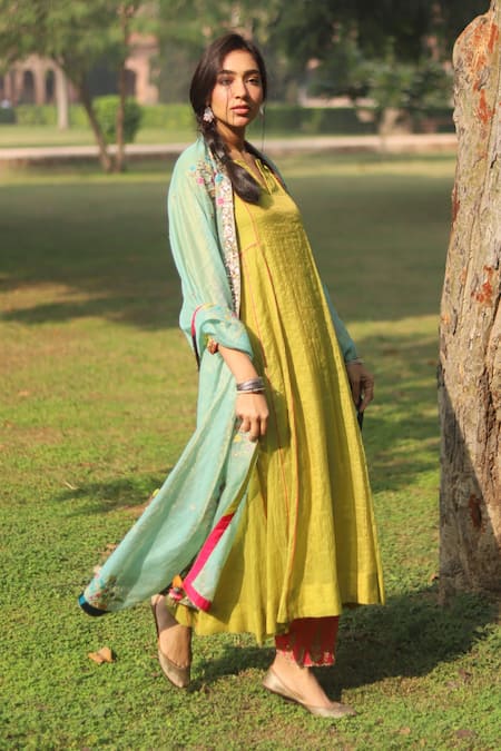 Rajiramniq_Green Kurta Tissue Chanderi Pant  Dupatta Set _Online_at_Aza_Fashions
